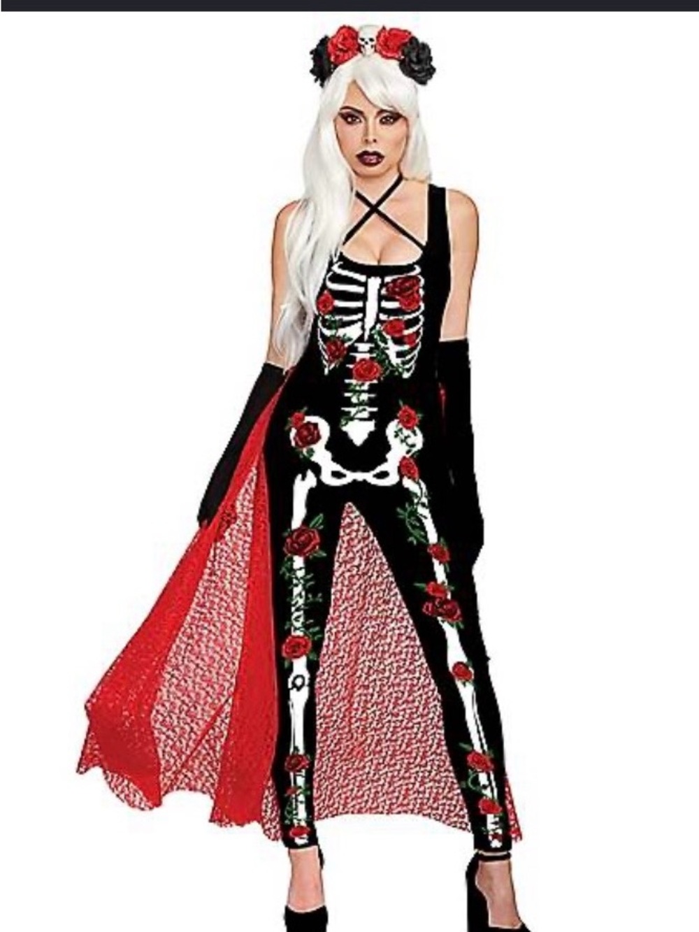 Women's Black Skeleton Rose Jumpsuit with Red Cape